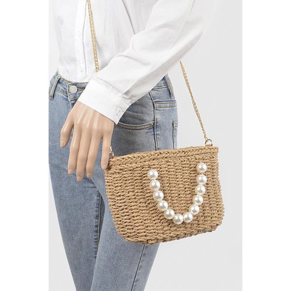 FAUX STRAW BAG WITH PEARL HANDLE