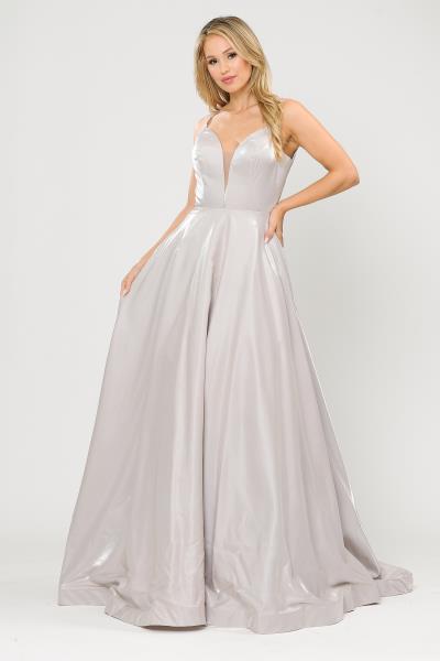 (4 PCS X $59.00) Iridescent Elegance: Shimmer Satin A-line Dress with Sheer Deep Neckline and Open Back