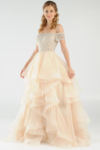 ($79.00 EA X 4 PCS) Distinctive Elegance: Off-the-Shoulder Organza Dress with Beaded Mesh