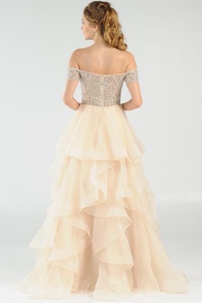 ($79.00 EA X 4 PCS) Distinctive Elegance: Off-the-Shoulder Organza Dress with Beaded Mesh