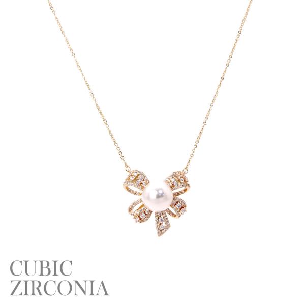CZ BOW WITH BIG PEARL NECKLACE
