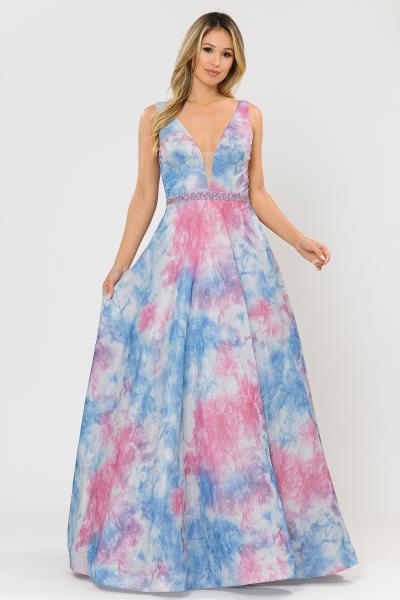 (6 PCS X $89.00) Radiant Reverie: Tie-Dye Glitter Knit A-line Gown with Illusion Deep V-Neck and Beaded Sequin Belt