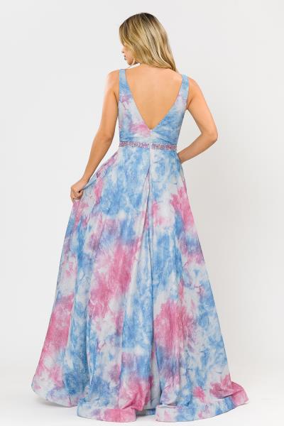 (6 PCS X $89.00) Radiant Reverie: Tie-Dye Glitter Knit A-line Gown with Illusion Deep V-Neck and Beaded Sequin Belt