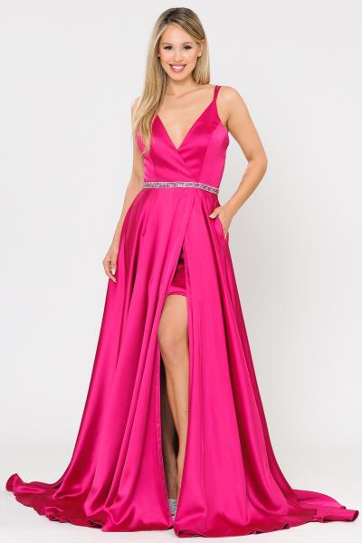 ($69.00 EA X 6 PCS) Glamorous Satin Elegance: Deep V-Neck A-Line Dress with Rhinestone Belt