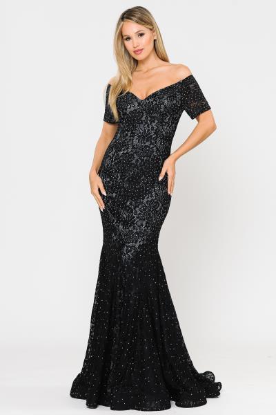 ($79.00 EA X 6 PCS) Rhinestone Elegance: Off-Shoulder Lace Fitted Dress with 1/4 Sleeves