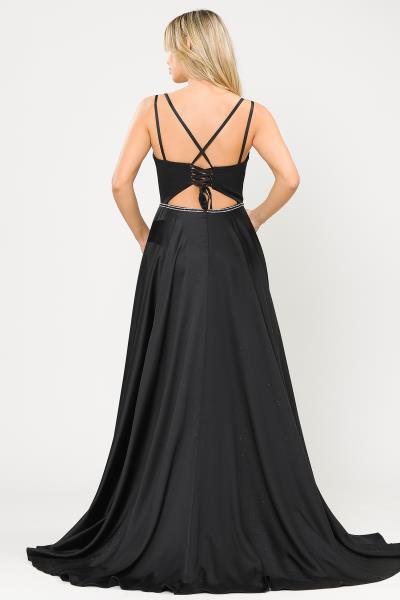 ($60.00 EA X 6 PCS) Elegance Unveiled: Satin Sheer Cut Neckline Double Strap Dress with Rhinestone Belt and High Slit