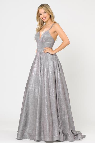 ($79.00 EA X 6 PCS) Memorable Radiance: Silver Foiled Glitter Knit Double Strap Gown with Deep Sweetheart Neckline and Open Back