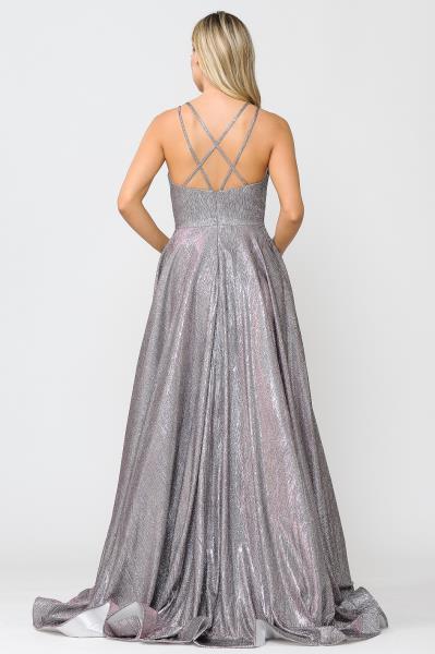 ($79.00 EA X 6 PCS) Starlight Radiance: Silver Foiled Glitter Knit Double Strap Gown with Square Neck and Open Back