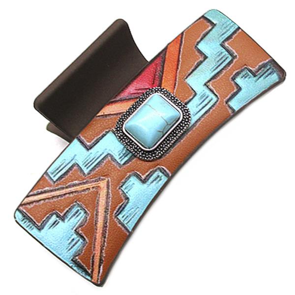FAUX LEATHER AZTEC TQ STONE HAIR CLIPS