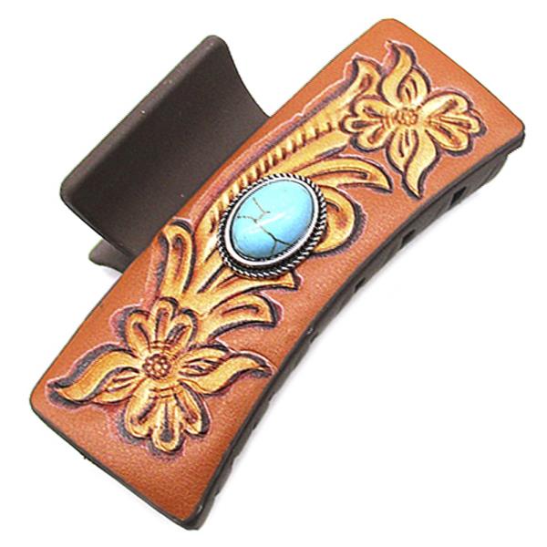 FAUX LEATHER WESTERN TQ STONE HAIR CLIPS