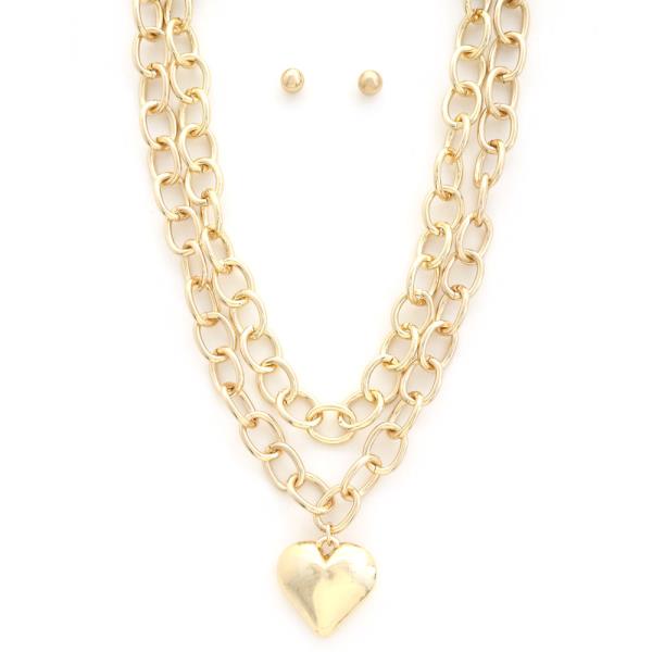 PUFFY HEART OVAL LINK LAYERED NECKLACE