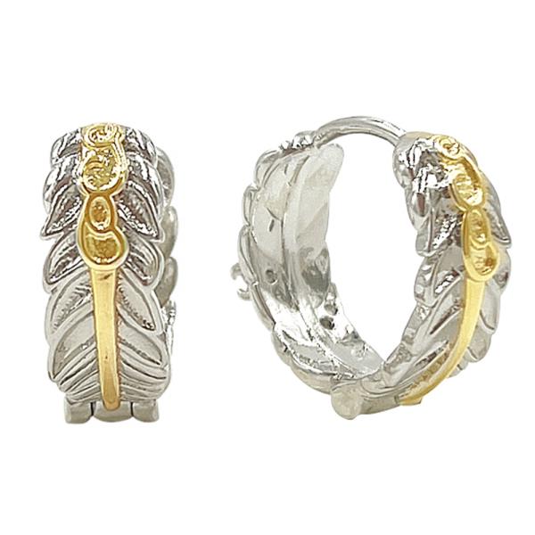 14K GOLD WHITE GOLD DIPPED FEATHER HUGGIE EARRINGS
