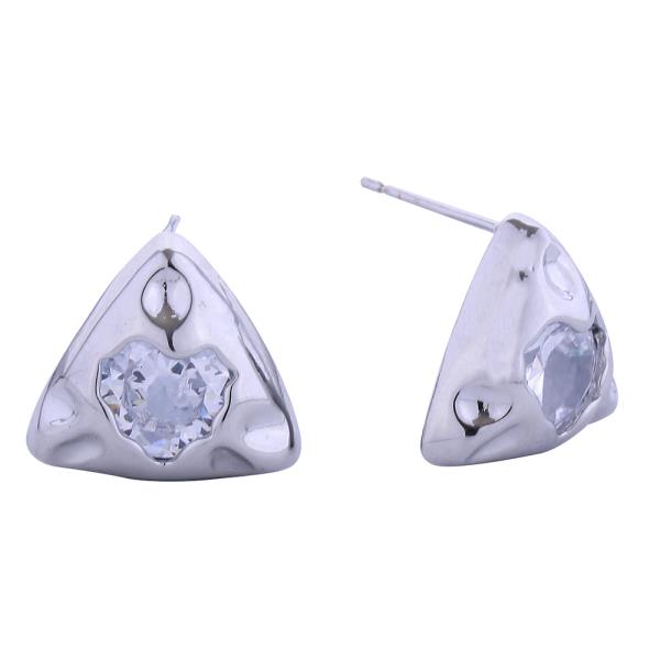 14K GOLD WHITE GOLD DIPPED TRIANGLE HEART PAVE CZ POST EARRINGS
