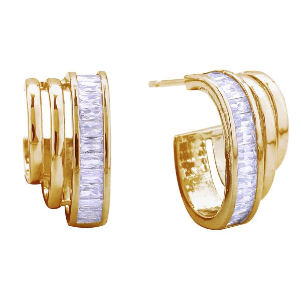14K GOLD WHITE GOLD DIPPED TRIO HOOP PAVE CZ POST EARRINGS