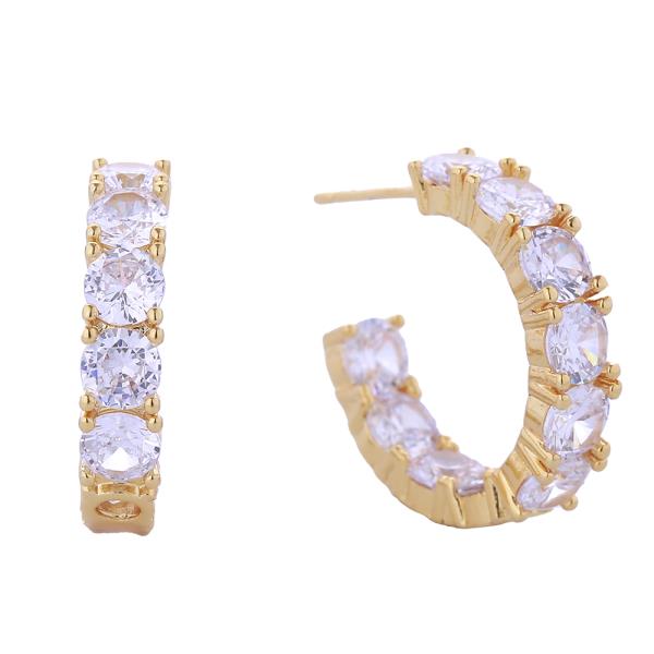14K GOLD WHITE GOLD DIPPED METRO HOOP PAVE CZ POST EARRINGS