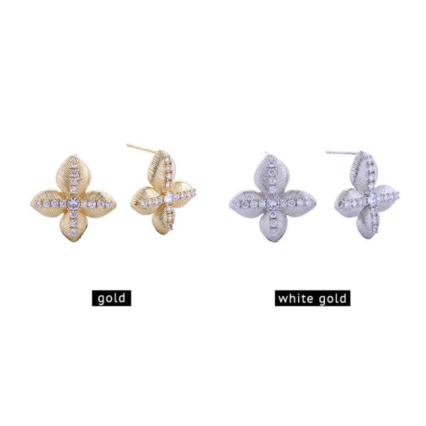 14K GOLD WHITE GOLD DIPPED LUCKY CLOVER PAVE CZ POST EARRINGS