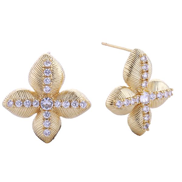 14K GOLD WHITE GOLD DIPPED LUCKY CLOVER PAVE CZ POST EARRINGS