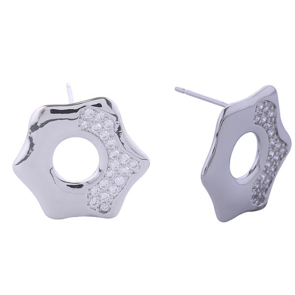 14K GOLD WHITE GOLD DIPPED OCTAGON PAVE CZ POST EARRINGS