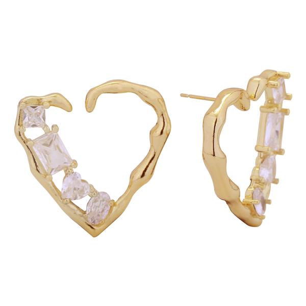 14K GOLD WHITE GOLD DIPPED EMBRACED HEART PAVE CZ POST EARRING