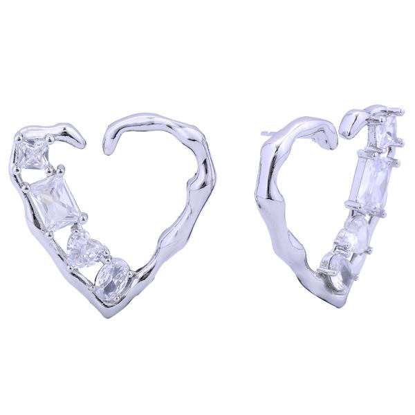 14K GOLD WHITE GOLD DIPPED EMBRACED HEART PAVE CZ POST EARRING