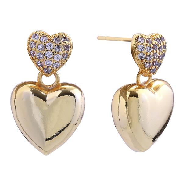 14K GOLD WHITE GOLD DIPPED DOUBLE HEART PAVE CZ POST EARRING