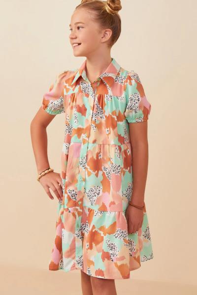 ($29.95 EA X 4 PCS) Girls Abstract Leopard Print Button Up Shirt Dress