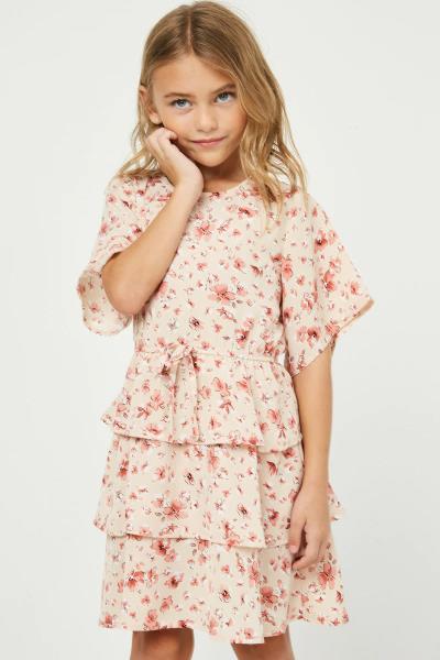 ($27.95 EA X 4 PCS) Girls Floral Print Tiered Short Sleeve Mini Dress