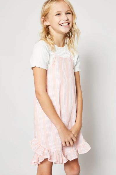 ($17.95 EA X 4 PCS) Girls Sleeveless Stripe Ruffle Hem Midi Dress