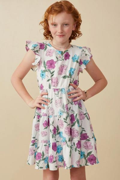 ($29.95 EA X 4 PCS) Girls Floral Print Ruffle Sleeve Textured Dress