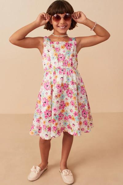 ($29.95 EA X 4 PCS) Girls Floral Print Fit And Flare Satin Dress