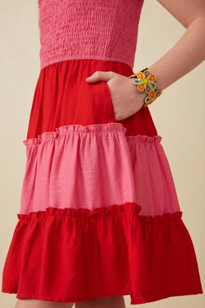($30.95 EA X 4 PCS) Girls Color Block Ruffle Detailed Smocked Tank Dress