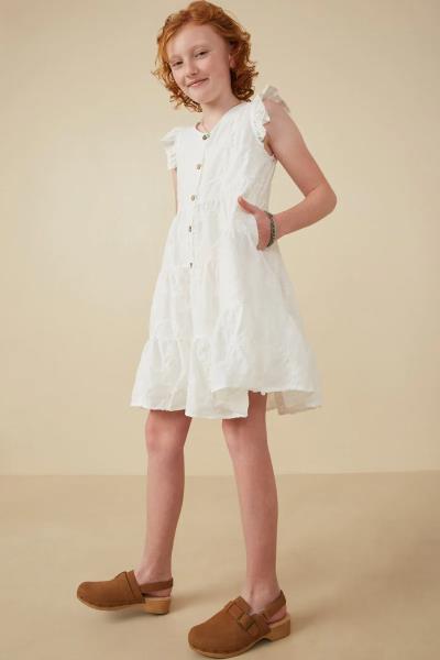 ($28.95 EA X 4 PCS) Girls Textured Floral Button Tiered Dress