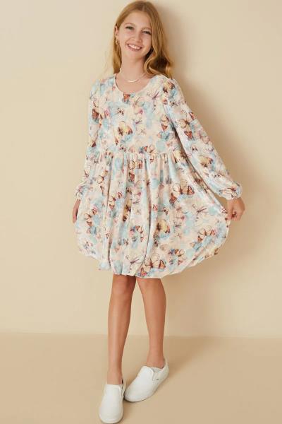 ($31.95 EA X 4 PCS) Girls Velvet Long Sleeve Statement Butterfly Print Dress
