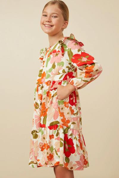 ($31.75 EA X 4 PCS) Girls Satin Floral Ruffled Detail Long Sleeve Dress