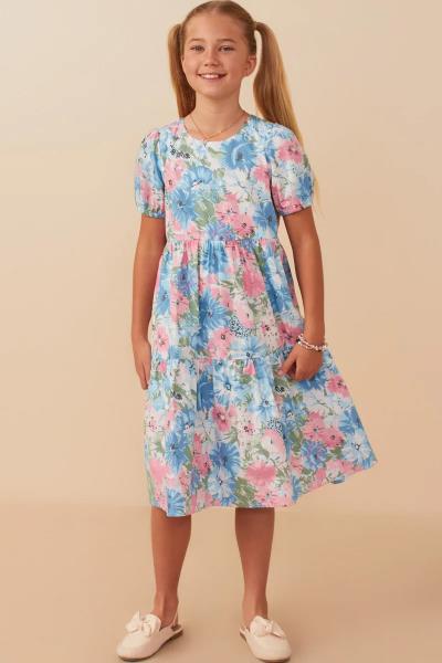 ($29.95 EA X 4 PCS) Girls Tropical Floral Short Sleeve Tiered Dress
