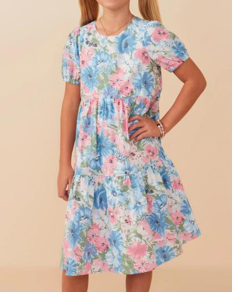 ($29.95 EA X 4 PCS) Girls Tropical Floral Short Sleeve Tiered Dress