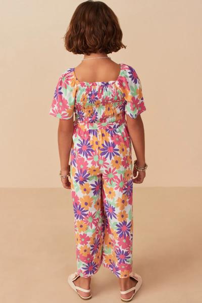 ($30.95 EA X 4 PCS) Girls Vivid Floral Self Belt Smocked Jumpsuit