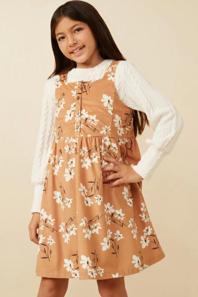 ($29.95 X 4 PCS) Girls Button Detail Floral Print Corduroy Dress