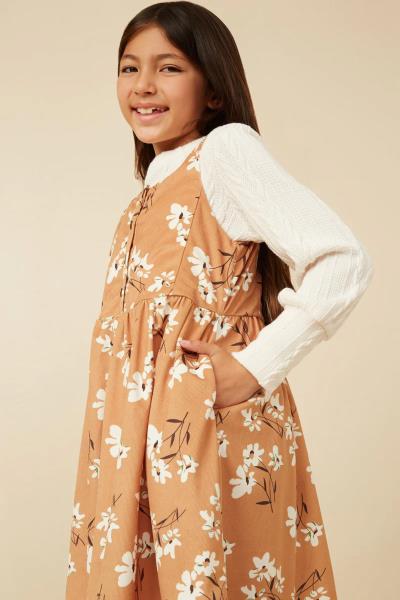 ($29.95 X 4 PCS) Girls Button Detail Floral Print Corduroy Dress
