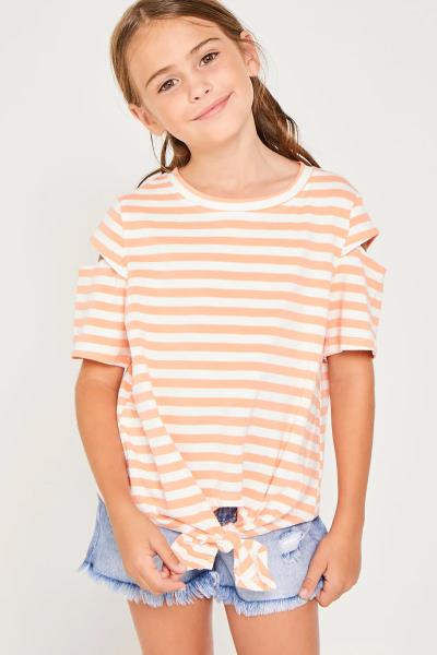 ($18.50 EA X 4 PCS) Girls Stripe Sleeve Cutout Tie-Front Tee