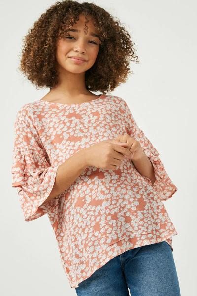 ($22.95 EA X 4 PCS) Girls Tiered Sleeve Floral Top