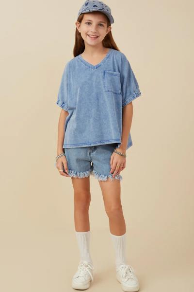 ($19.95 EA X 4 PCS) Girls Garment Washed V Neck Elastic Sleeve T Shirt