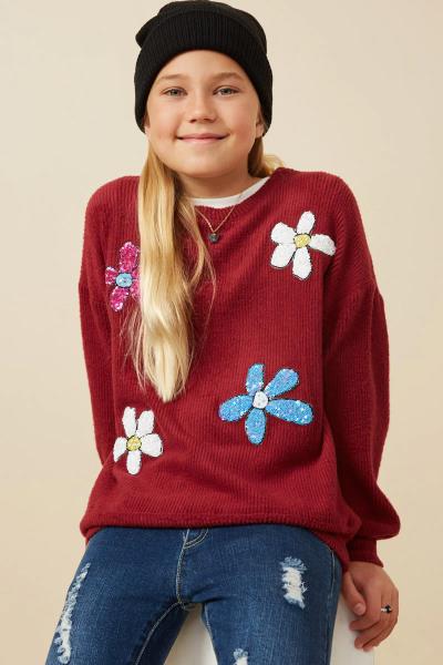 ($26.00 EA X 4 PCS) Girls Sequin Floral Patched Brushed Rib Knit Top