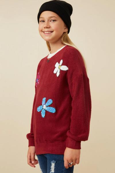 ($26.00 EA X 4 PCS) Girls Sequin Floral Patched Brushed Rib Knit Top