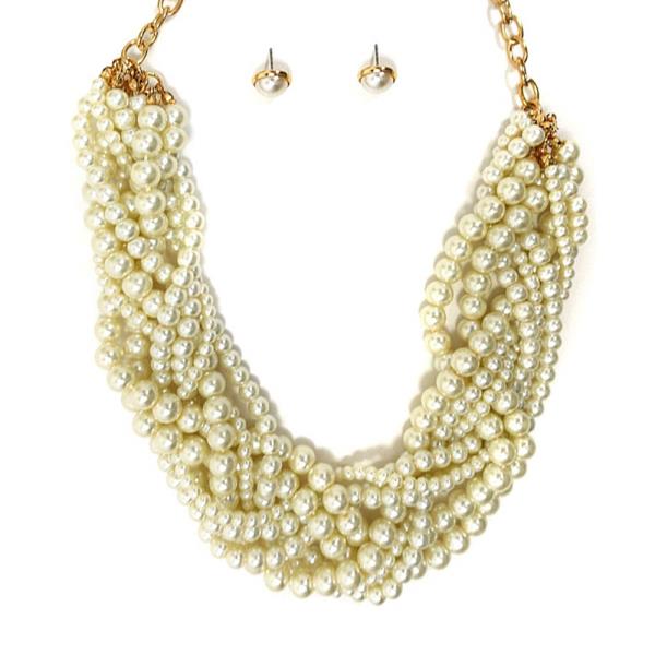 BRAIDED LAYERED PEARL BEAD STATEMENT NECKLACE