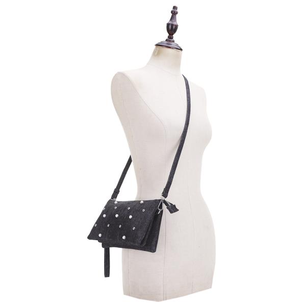 PEARL STUDDED DENIM LOOK HANDSTRAP CROSSBODY BAG