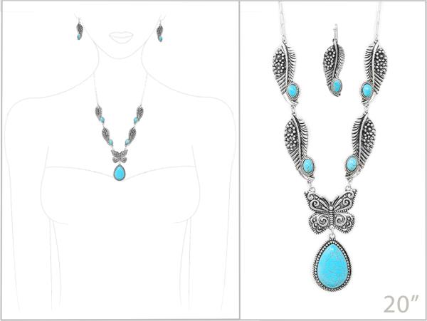 WESTERN STYLE METAL TQ STONE PENDANT NECKLACE EARRING SET
