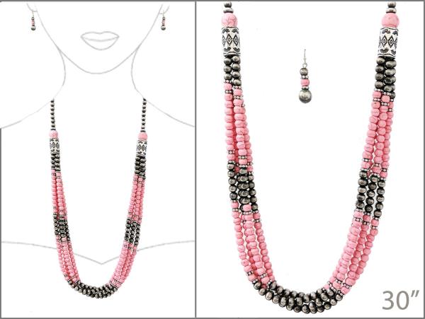 MARBLING STONE BEAD LONG NECKLACE EARRING SET