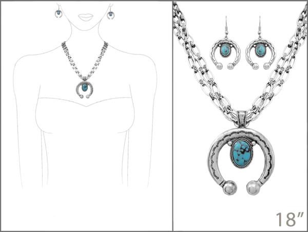 WESTERN STYLE METAL TQ STONE NECKLACE EARRING SET