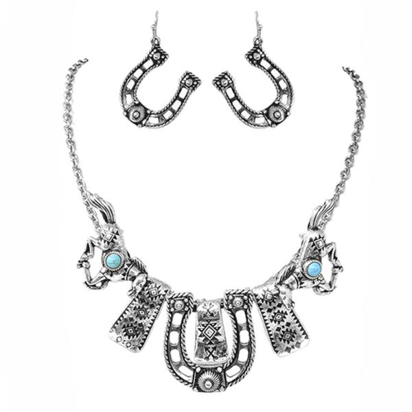 WESTERN STYLE METAL HORSE STATEMENT NECKLACE EARRING SET